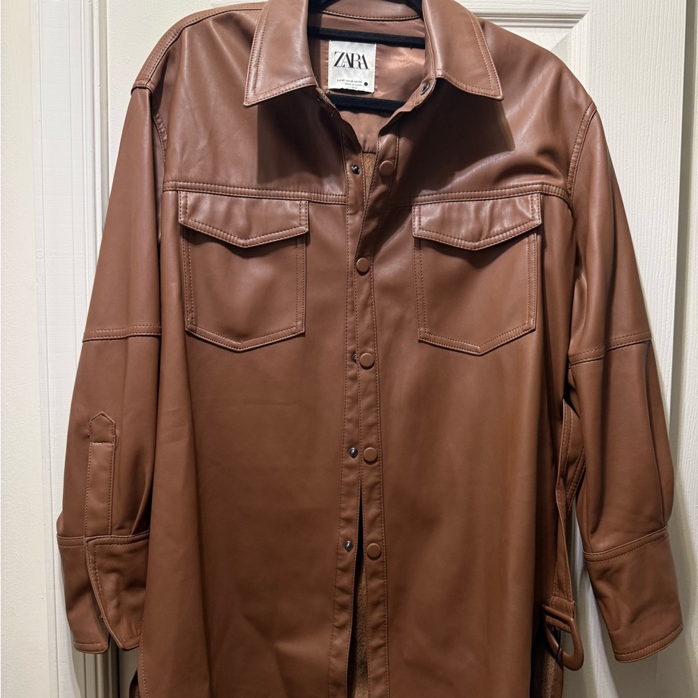 Zara women Tan Leather Shirt Jacket